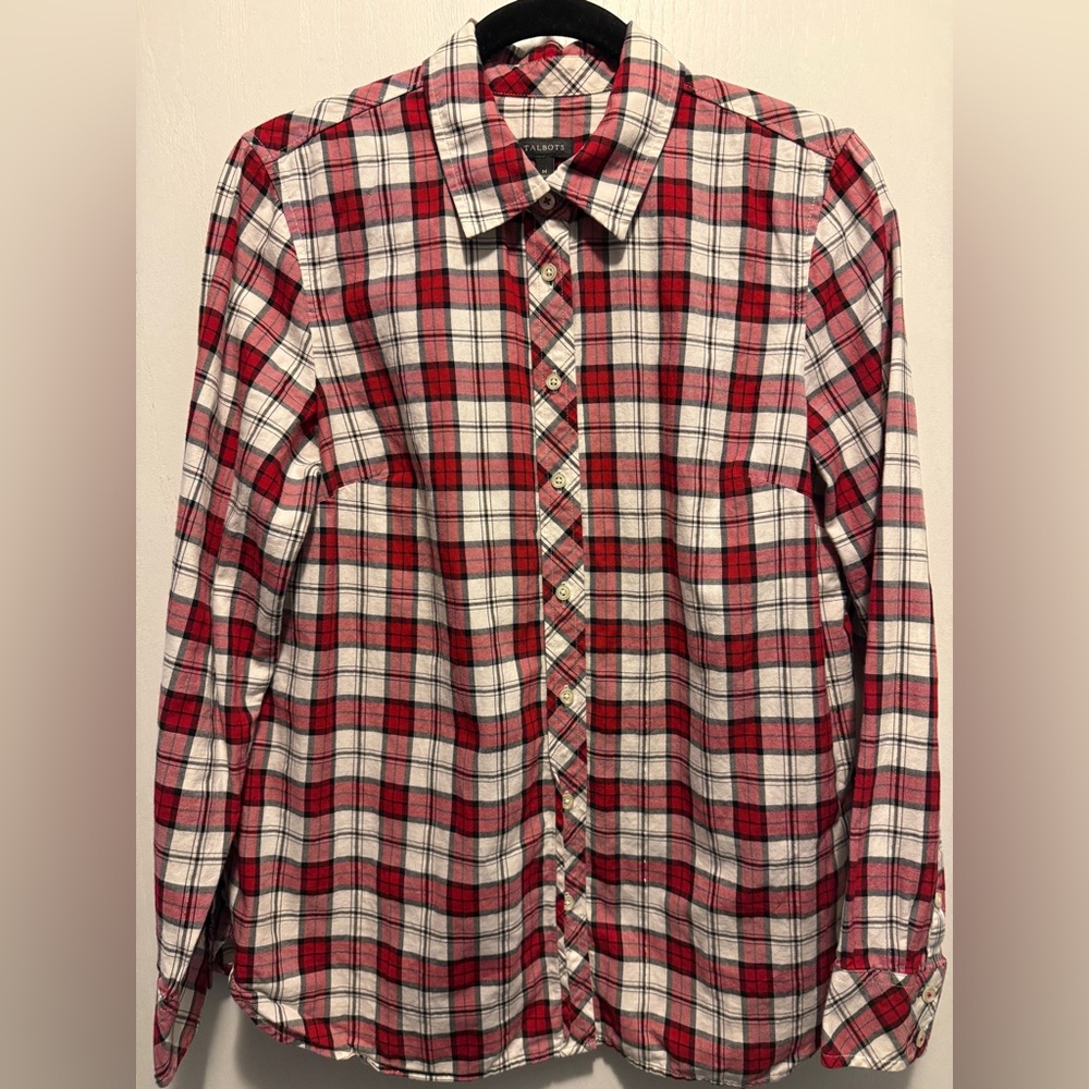 Talbots Plaid Button Down Shirt Creamy WHT/Red/Black w/Metallic threading SZ Med